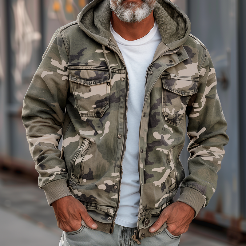 Fabian - Men's Camouflage Cargo Jacket - With Hood and Multi-Pocket Design
