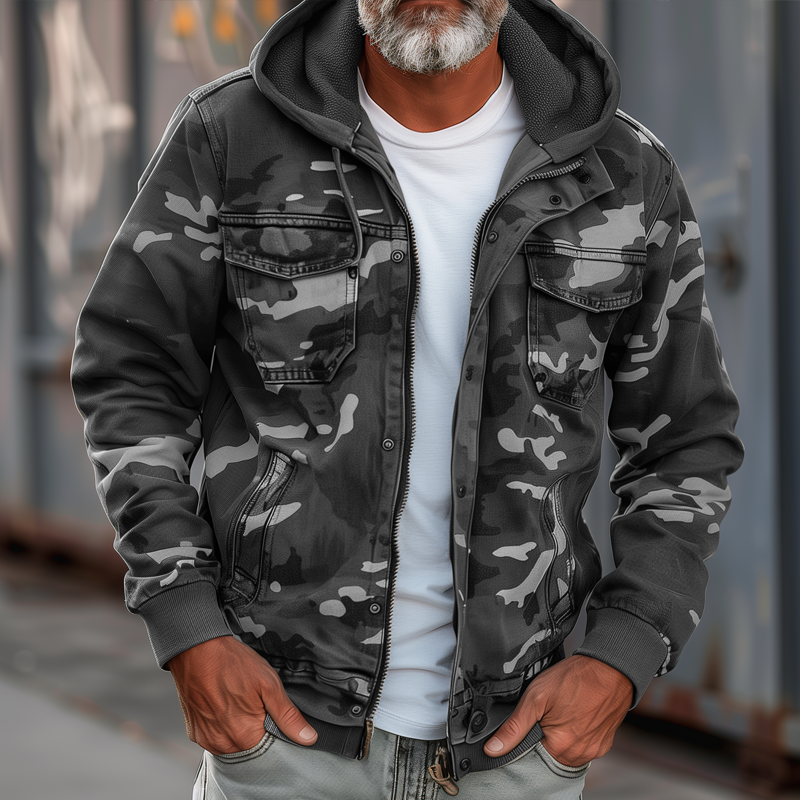 Fabian - Men's Camouflage Cargo Jacket - With Hood and Multi-Pocket Design