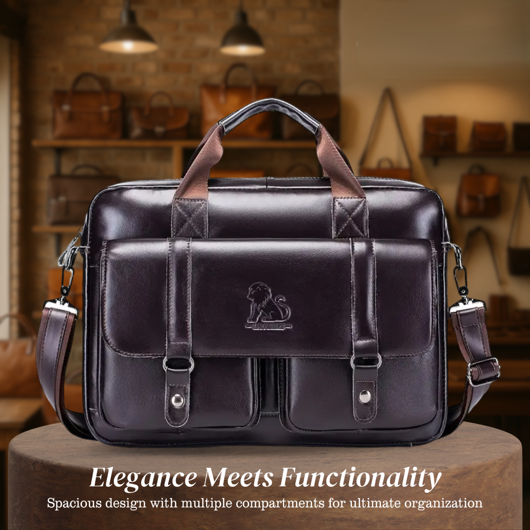 Sterling | Polished Leather Briefcase with Front Buckle Pockets