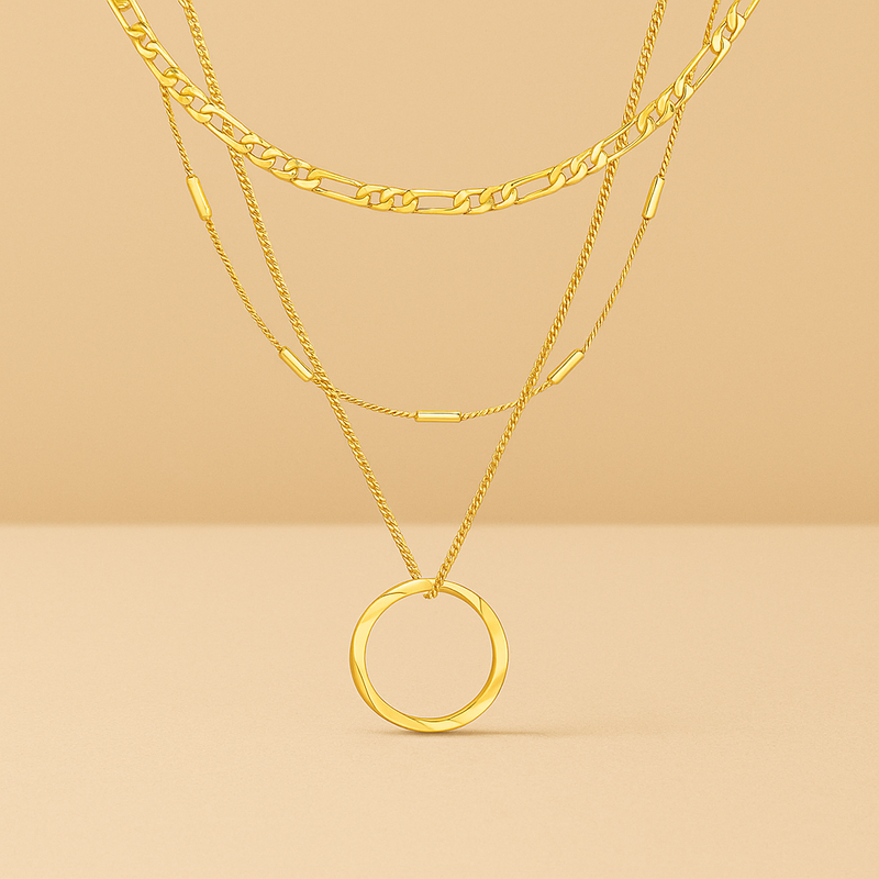 Triple Row Open Circle Pendant Necklace in Gold