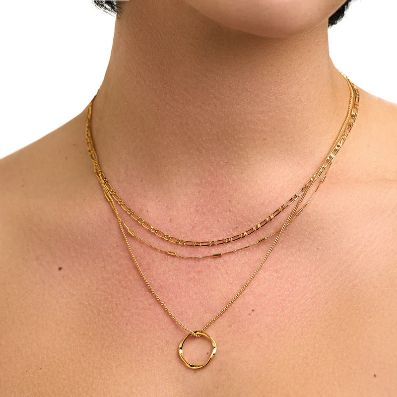 Triple Row Open Circle Pendant Necklace in Gold