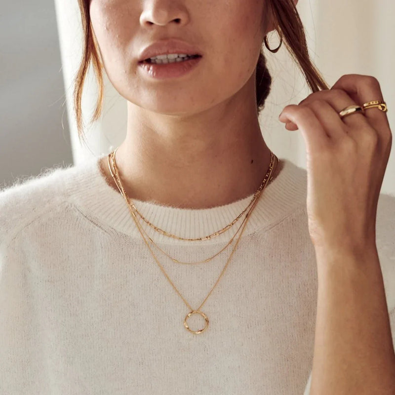 Triple Row Open Circle Pendant Necklace in Gold