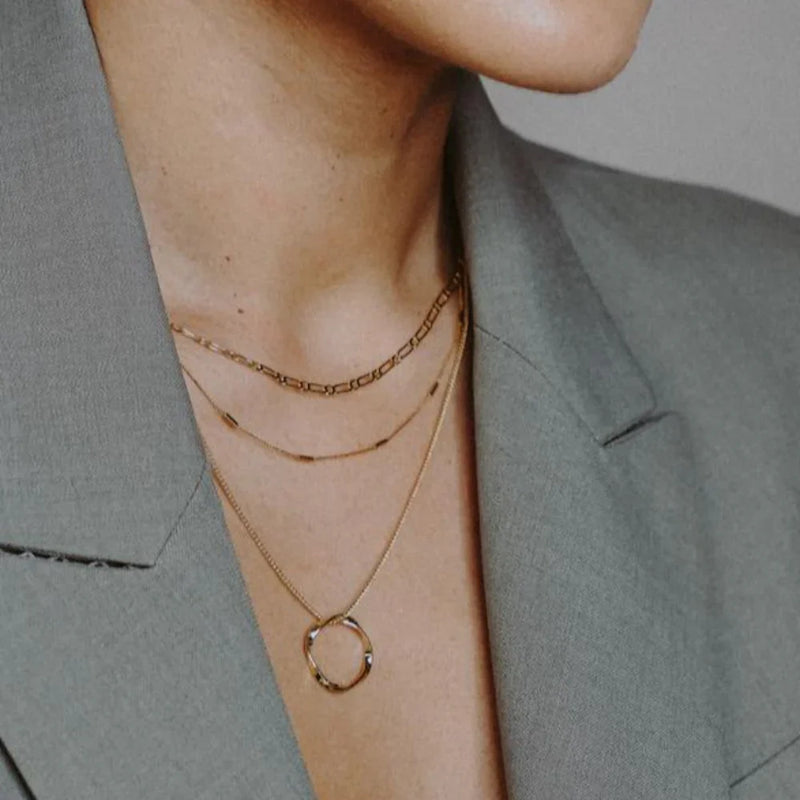Triple Row Open Circle Pendant Necklace in Gold