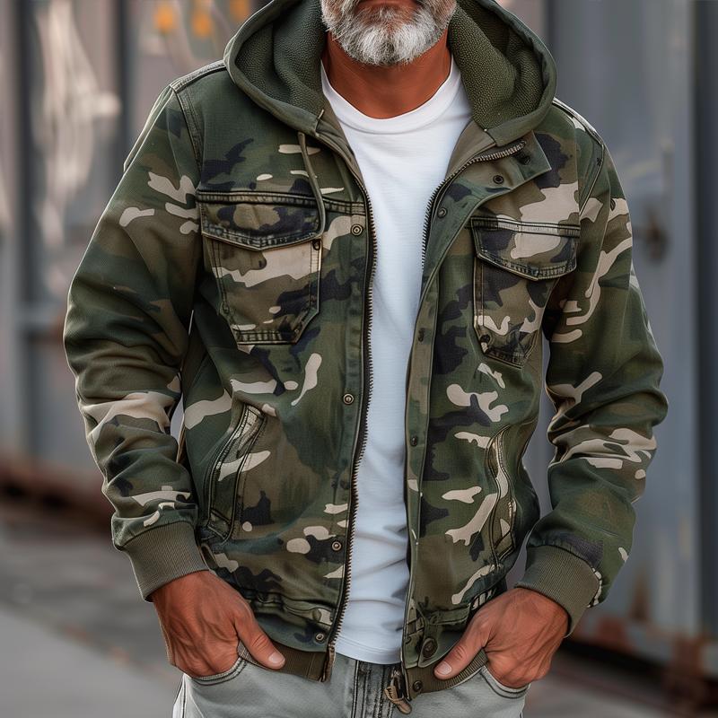 Fabian - Men's Camouflage Cargo Jacket - With Hood and Multi-Pocket Design