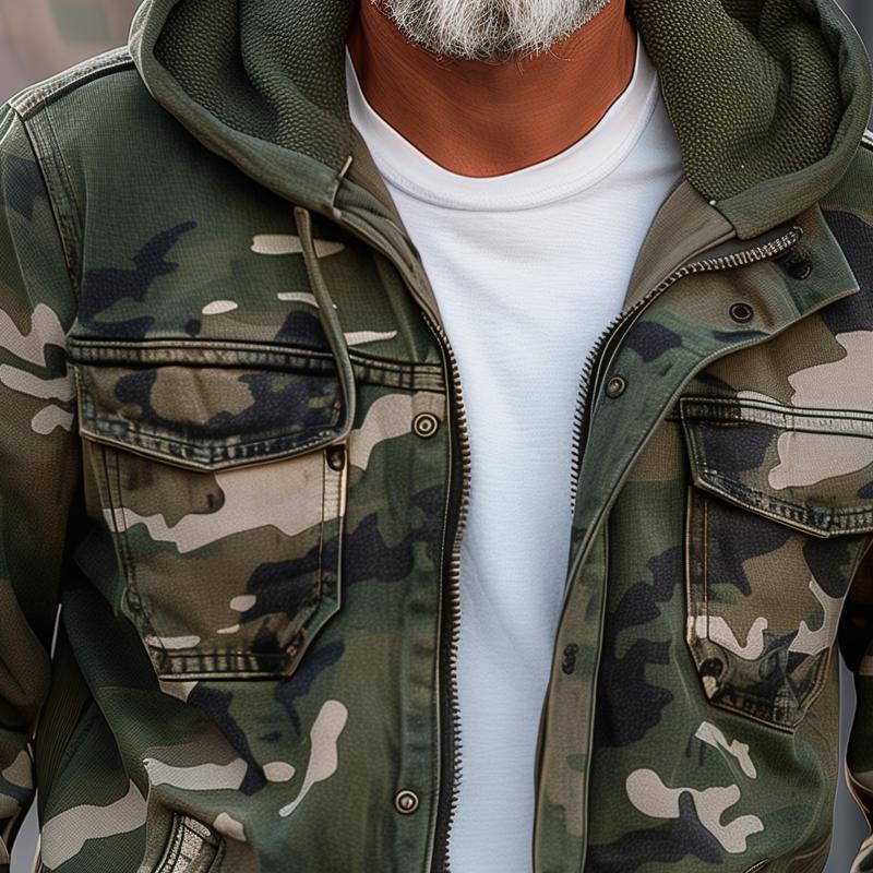 Fabian - Men's Camouflage Cargo Jacket - With Hood and Multi-Pocket Design